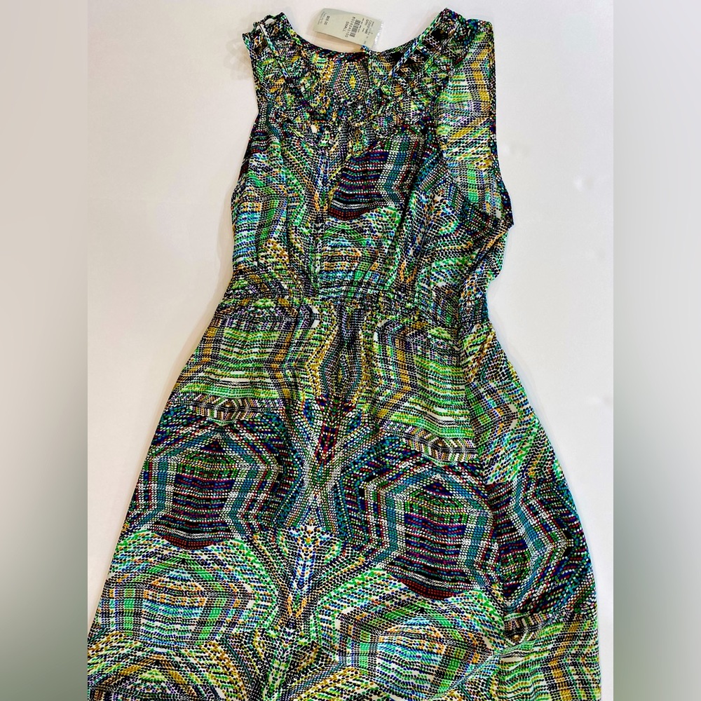 TELA Dress Chiffon Green Sleeveless Print Maxi Long Flowy Size Small NWT